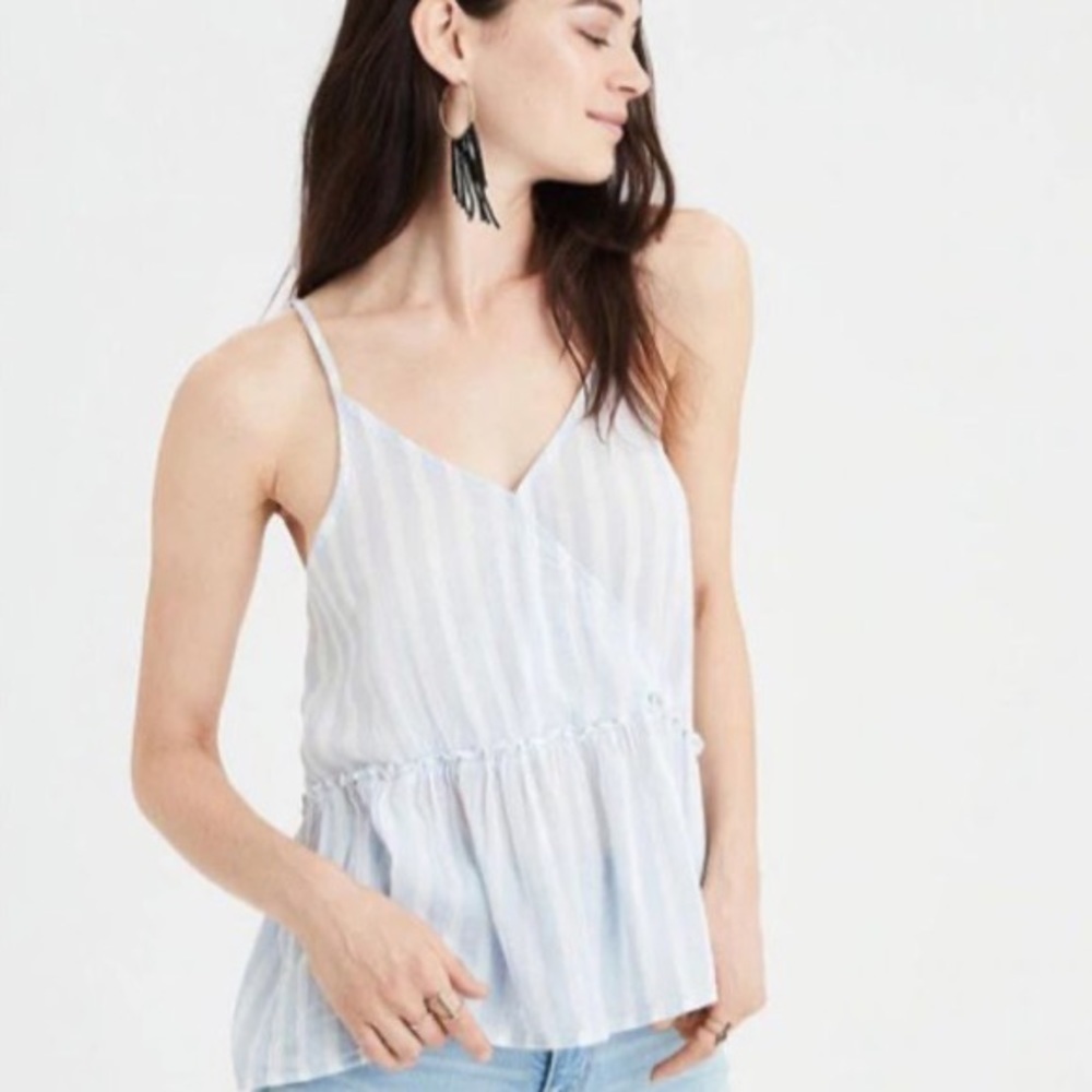 American Eagle Peplum Ruffle Striped Blue Breezy Summer Tank Top XS